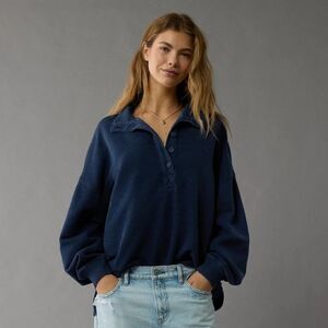 AE XL Navy Big Hug Henley Quarter Button Front Knit Sweatshirt Pullover